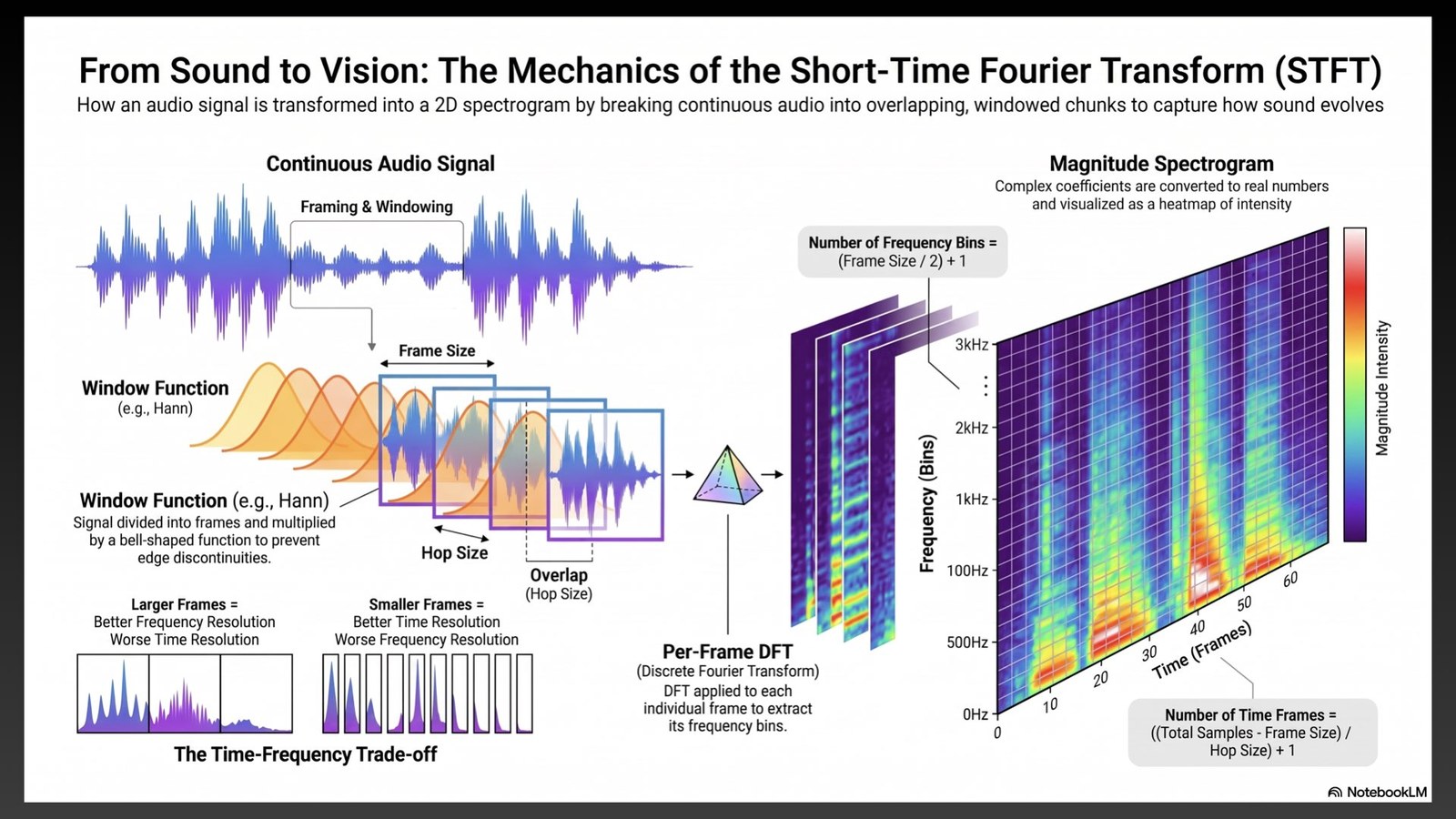 How the Short-Time Fourier Transform turns a raw audio waveform into a spectrogram, by slicing it into overlapping windowed frames and running a per-frame Fourier transform